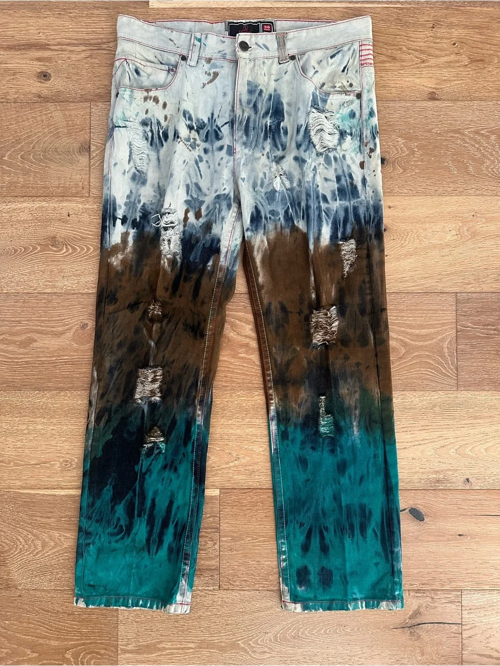 Elite Premium Denim Washed Jeans in Light Teal & Brown Wash - Picture 1 of 7